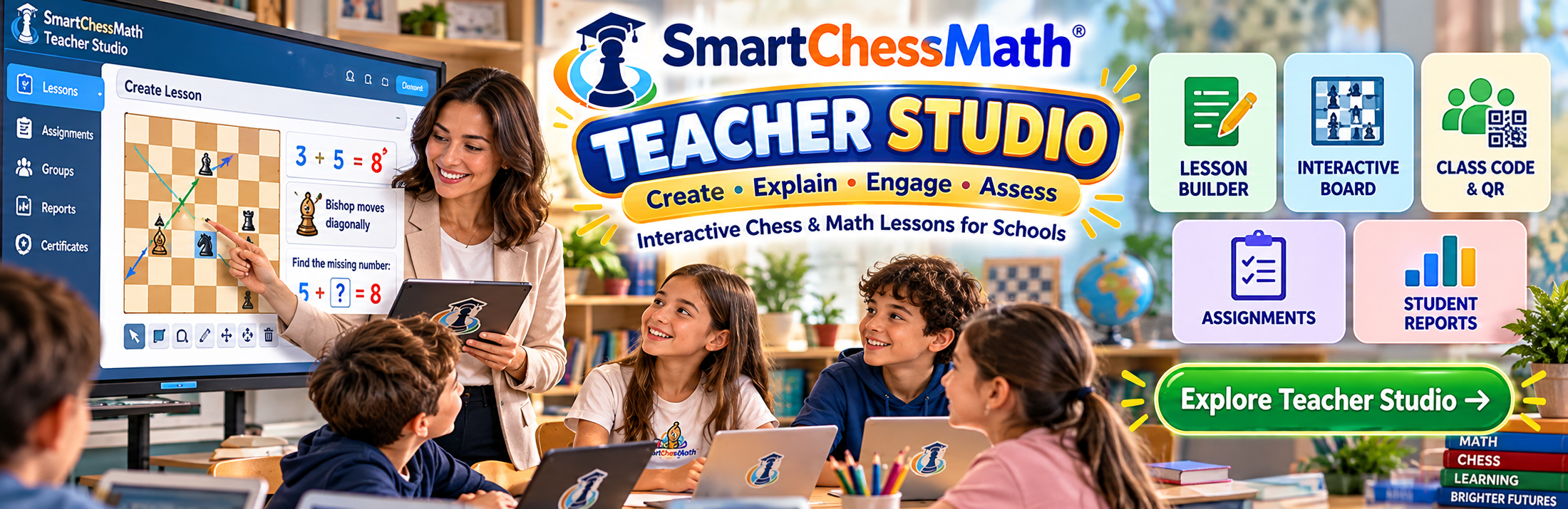 SmartChessMath Teacher Studio. Create, explain, engage, and assess.