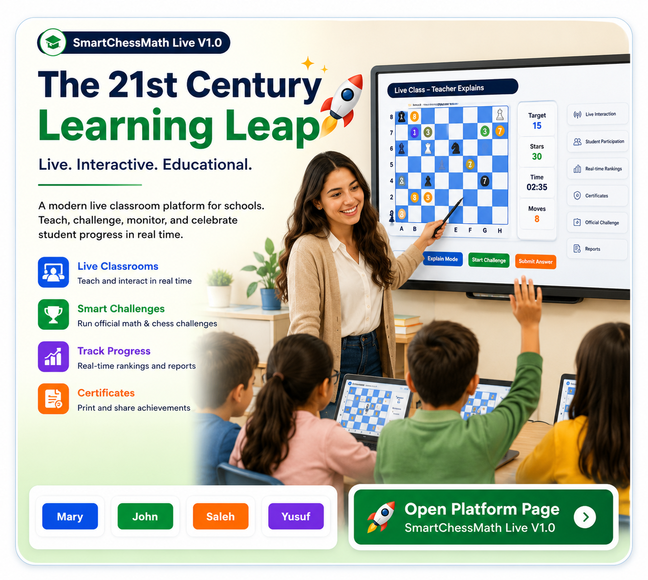 SmartChessMath Live classroom with teacher and students